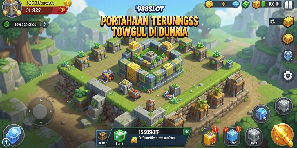 Screenshot 988SLOT yang menunjukkan menara mempertahankan serangan musuh.